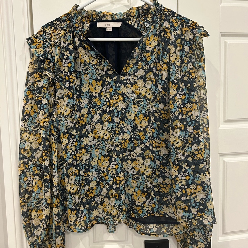 LOFT Women's Floral Blouse - Navy and Yellow Size Large
